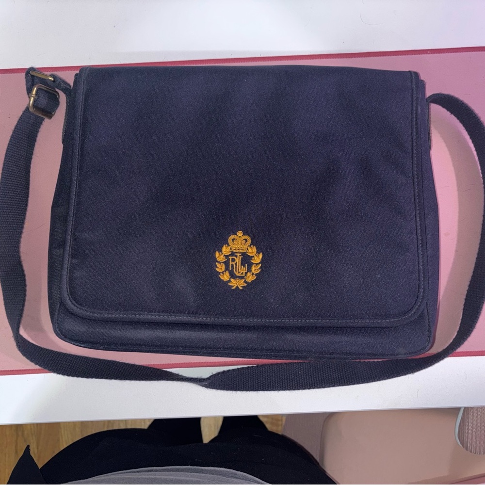 Lauren Ralph Lauren Navy Messenger Bag with Gold Crest - Picture 2 of 4